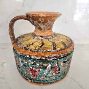 Vintage Italian Pottery Pitcher with Lava Glaze and Sgraffito Geometric Design
